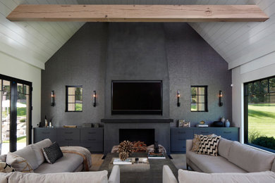 Living room - large transitional gray floor and wood ceiling living room idea in New York with gray walls, a standard fireplace and a wall-mounted tv
