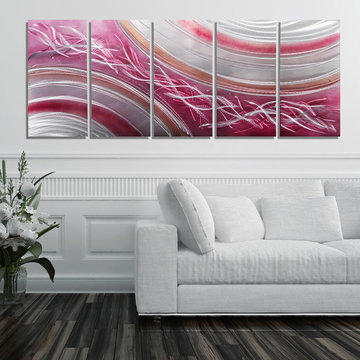 Coral Blush - Modern Pink and Silver Abstract Metal Wall Painting
