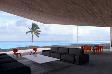 Стильный дизайн: большая парадная, открытая гостиная комната в современном стиле с ковровым покрытием без камина, телевизора - последний тренд
