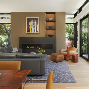 Large trendy open concept medium tone wood floor and brown floor living room photo in DC Metro with white walls, a ribbon fireplace, a concrete fireplace and no tv