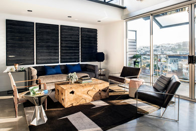 Modernes Wohnzimmer mit weißer Wandfarbe und Betonboden in San Francisco