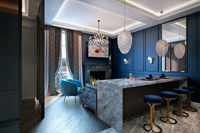 На фото: открытая гостиная комната среднего размера в стиле неоклассика (современная классика) с синими стенами, полом из керамической плитки, стандартным камином, фасадом камина из камня, телевизором на стене, коричневым полом и домашним баром с