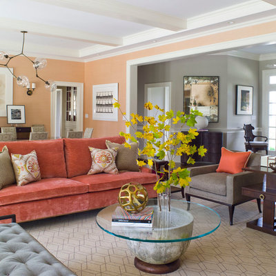 Example of a large trendy enclosed beige floor living room design in Dallas with orange walls