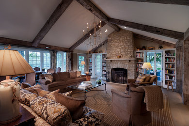 Example of a large mountain style formal and open concept ceramic tile living room design in New York with beige walls, a standard fireplace, a stone fireplace and no tv