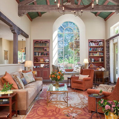 Living room - mid-sized cottage open concept and formal concrete floor living room idea in San Francisco with no tv, beige walls and no fireplace