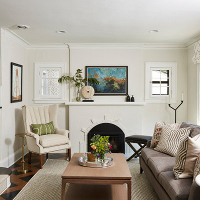 Example of a mid-sized transitional enclosed medium tone wood floor living room design in Minneapolis with beige walls