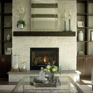 Cozy and Elegant Living Room With White Stone Fireplace