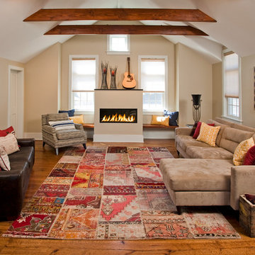 Cozy Great Room with linear Fireplace and Custom Cherry Benches
