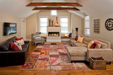 Cozy Great Room with linear Fireplace and Custom Cherry Benches