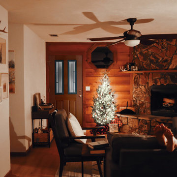 Cozy Rustic Cabin with Holiday Decor, White Walls, Wooden Accents, and a Firepla