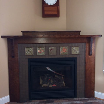 Craftsman fireplace tiled with dark brown 3"field tile and 6" accent tile