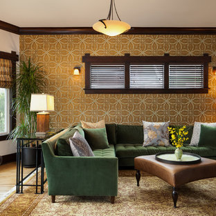 Example of a large arts and crafts enclosed and formal medium tone wood floor living room design in Seattle with multicolored walls