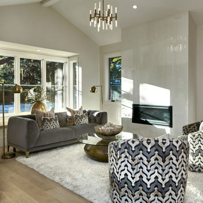 Living room - large contemporary formal and open concept medium tone wood floor and beige floor living room idea in San Francisco with beige walls, a ribbon fireplace, a tile fireplace and a wall-mounted tv