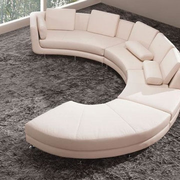 Cream Leather Curved Sectional Sofa with Ottoman