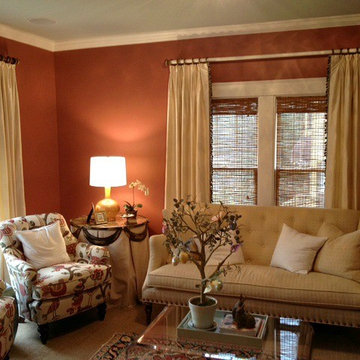 Cream silk curtain panels with trim down leading edge