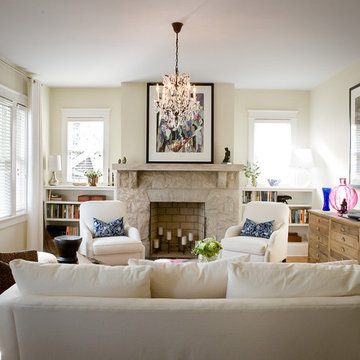 Creamy White Couch and Side Chairs with Coco Feather Hassock