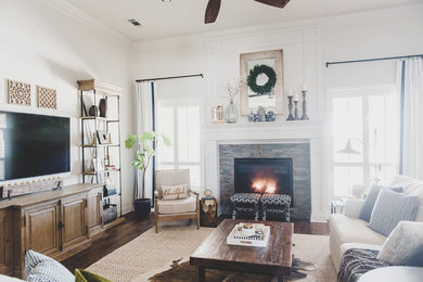 Living room - cottage open concept dark wood floor living room idea in Dallas with white walls, a standard fireplace, a tile fireplace and a wall-mounted tv