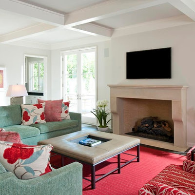 Living room - large traditional living room idea in Dallas with white walls and a wall-mounted tv
