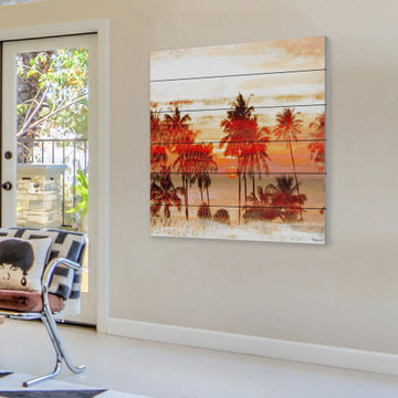 "Crimson Palms" Painting Print on White Wood