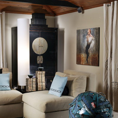 Trendy living room photo in Sacramento with beige walls