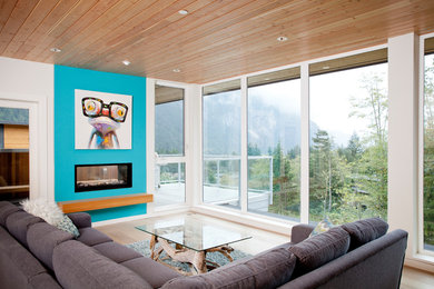 Modelo de salón abierto actual de tamaño medio con paredes azules, suelo de madera clara y chimenea de doble cara