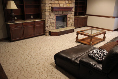 Example of a mid-sized classic formal and open concept dark wood floor living room design in Wichita with white walls, a standard fireplace, a stone fireplace and no tv