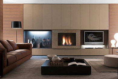 Mid-sized trendy formal and open concept medium tone wood floor living room photo in Miami with brown walls, a standard fireplace, a stone fireplace and a wall-mounted tv