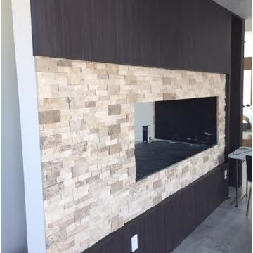 Custom fireplace with laminated panels