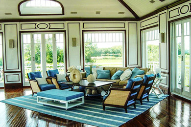 Photo of an expansive contemporary formal open plan living room in New York with dark hardwood flooring, no fireplace, no tv, white walls and brown floors.