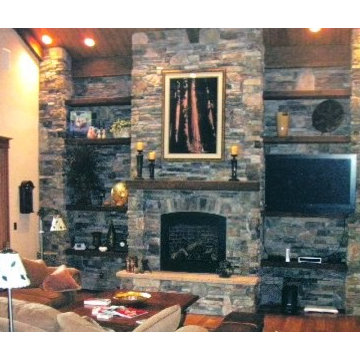Custom home interior - living room stone wall