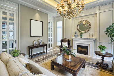 Mid-sized formal and enclosed limestone floor and gray floor living room photo in Dallas with gray walls, a standard fireplace, a stone fireplace and no tv