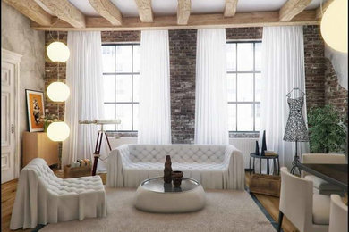 Idée de décoration pour un salon design de taille moyenne et fermé avec un mur beige, parquet clair, aucune cheminée et aucun téléviseur.