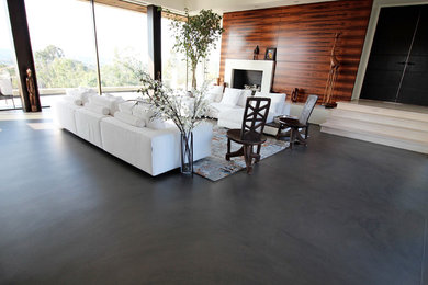 Inspiration for a large modern open concept and formal concrete floor and gray floor living room remodel in San Diego with a standard fireplace, a tile fireplace, beige walls and no tv