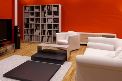 Idéer för att renovera ett mellanstort vintage separat vardagsrum, med ett finrum, orange väggar, ljust trägolv, en fristående TV och beiget golv