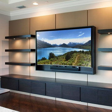 Custom Wall Unit with metallic back panel and Dark-Stained Rift White Oak floati