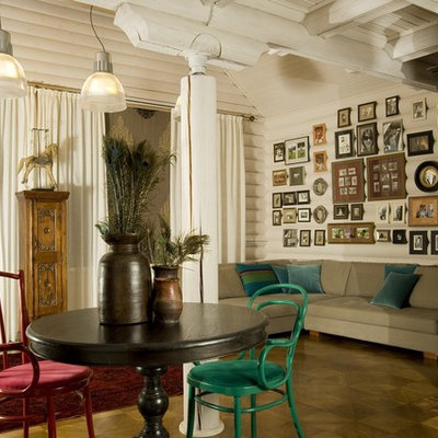 Inspiration for a farmhouse enclosed living room remodel in Moscow with no tv and white walls