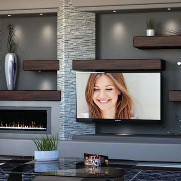 DAGR Design Entertainment Center-Gray Wall with Floating Wood Shelves