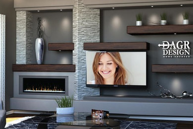 This is an example of a medium sized modern open plan living room in Phoenix with grey walls, medium hardwood flooring, a ribbon fireplace, a concrete fireplace surround, a wall mounted tv and brown floors.