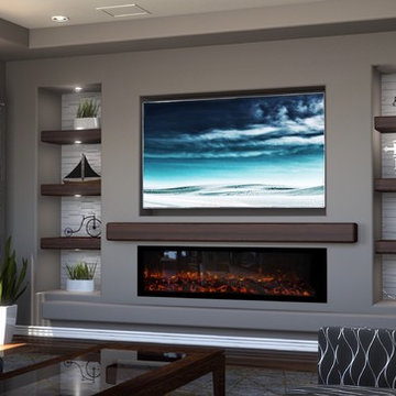 DAGR Design Media Wall _ Calm -TV above Linear Fireplace