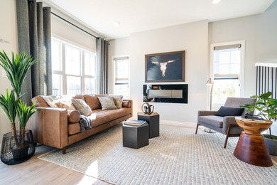 Example of a mid-sized minimalist open concept light wood floor and beige floor living room design in Edmonton with gray walls, a ribbon fireplace, a metal fireplace and no tv