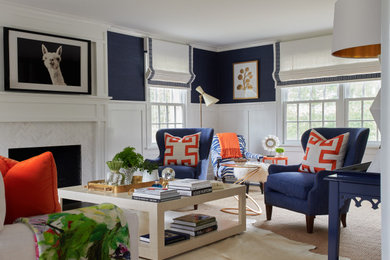 Example of a transitional wainscoting living room design in Other with blue walls, a standard fireplace and a tile fireplace