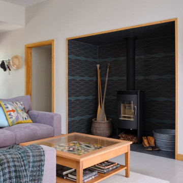 Dark Grey and Blue Wave Tile Fireplace