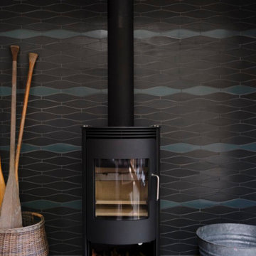 Dark Grey and Blue Wave Tile Fireplace