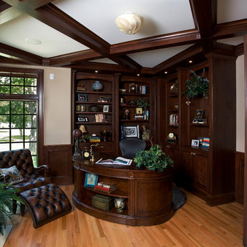 Dark Stained Cherry Library with Coffer Ceiling and Built In Bookcases