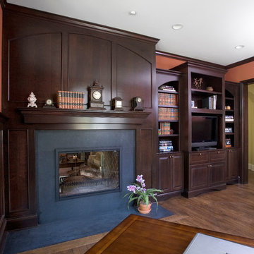 Dark Stained Cherry Library with Raised Hearth See-Thru Fireplace