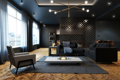 Foto de salón para visitas cerrado grande con paredes negras, suelo de madera clara, chimenea de doble cara y suelo marrón