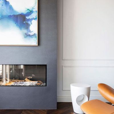 Inspiration for a contemporary open concept medium tone wood floor living room remodel in Sydney with blue walls