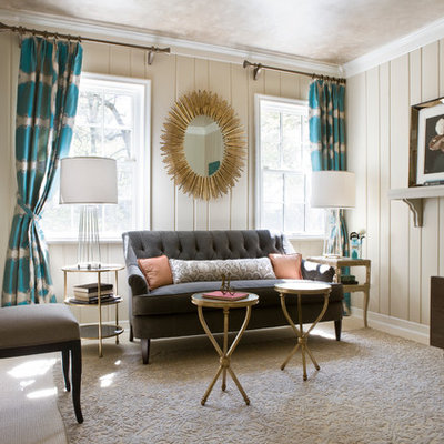 Example of a mid-sized transitional enclosed carpeted and brown floor living room design in DC Metro with beige walls, no fireplace and no tv