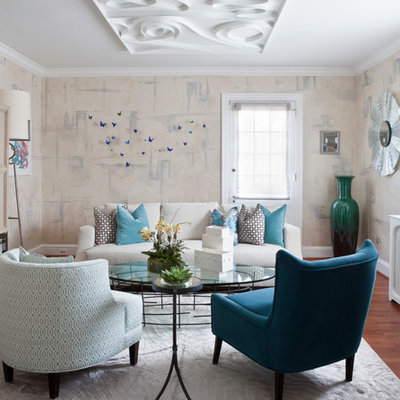 Mid-sized eclectic living room photo in DC Metro with multicolored walls, no fireplace and a concealed tv