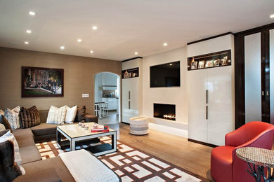 Medium sized contemporary enclosed living room in New York with brown walls, medium hardwood flooring, a ribbon fireplace, a stone fireplace surround and a built-in media unit.